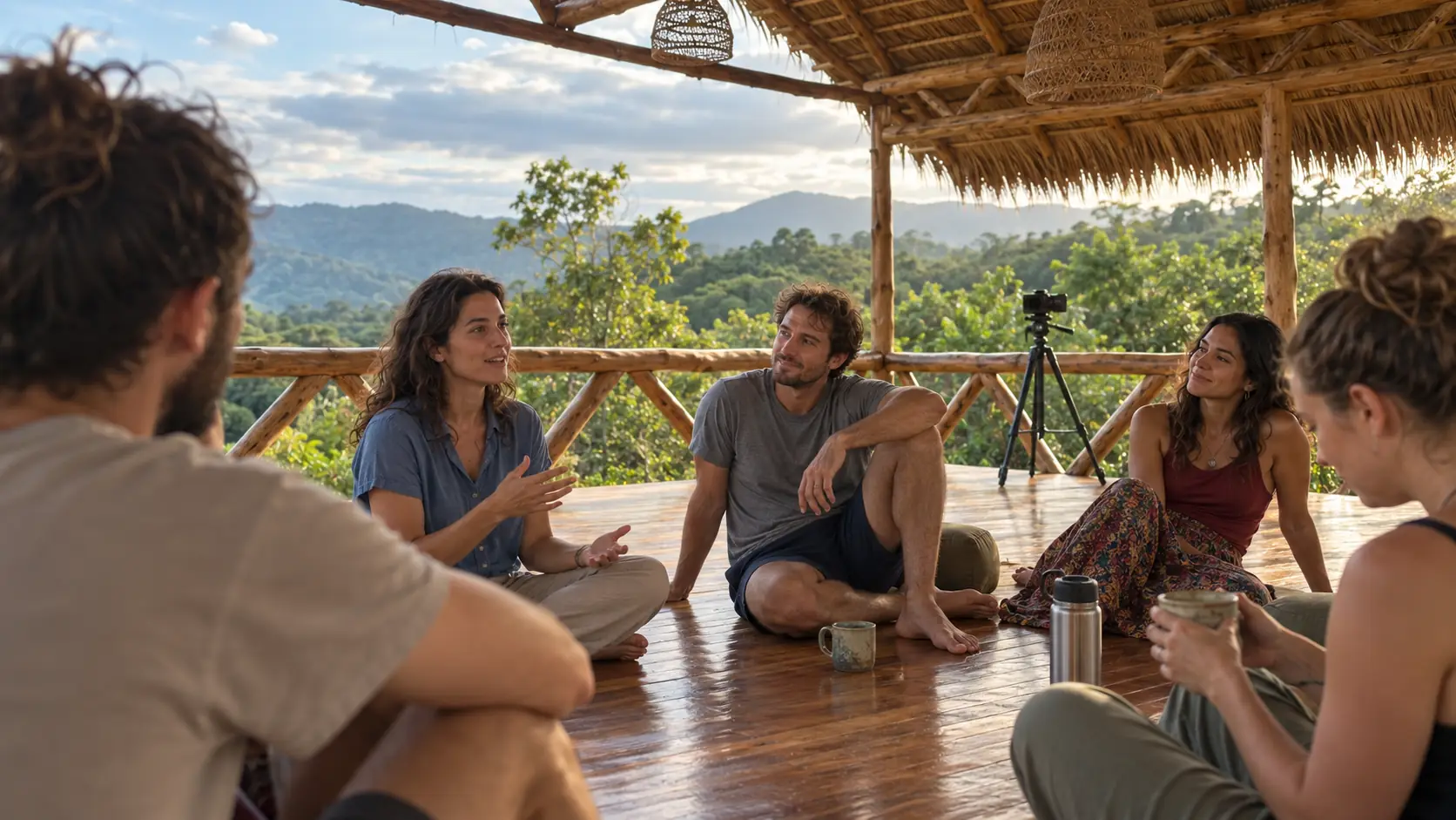 A group of creators talking in a circle on an open-air deck over the rainforest