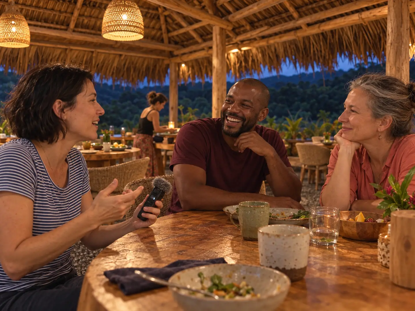 Three creators talking over dinner under a thatched roof, one holding a small recorder