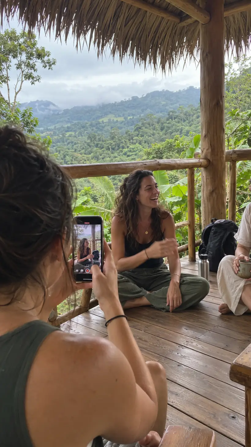 A creator films a friend laughing on the deck, the rainforest valley behind