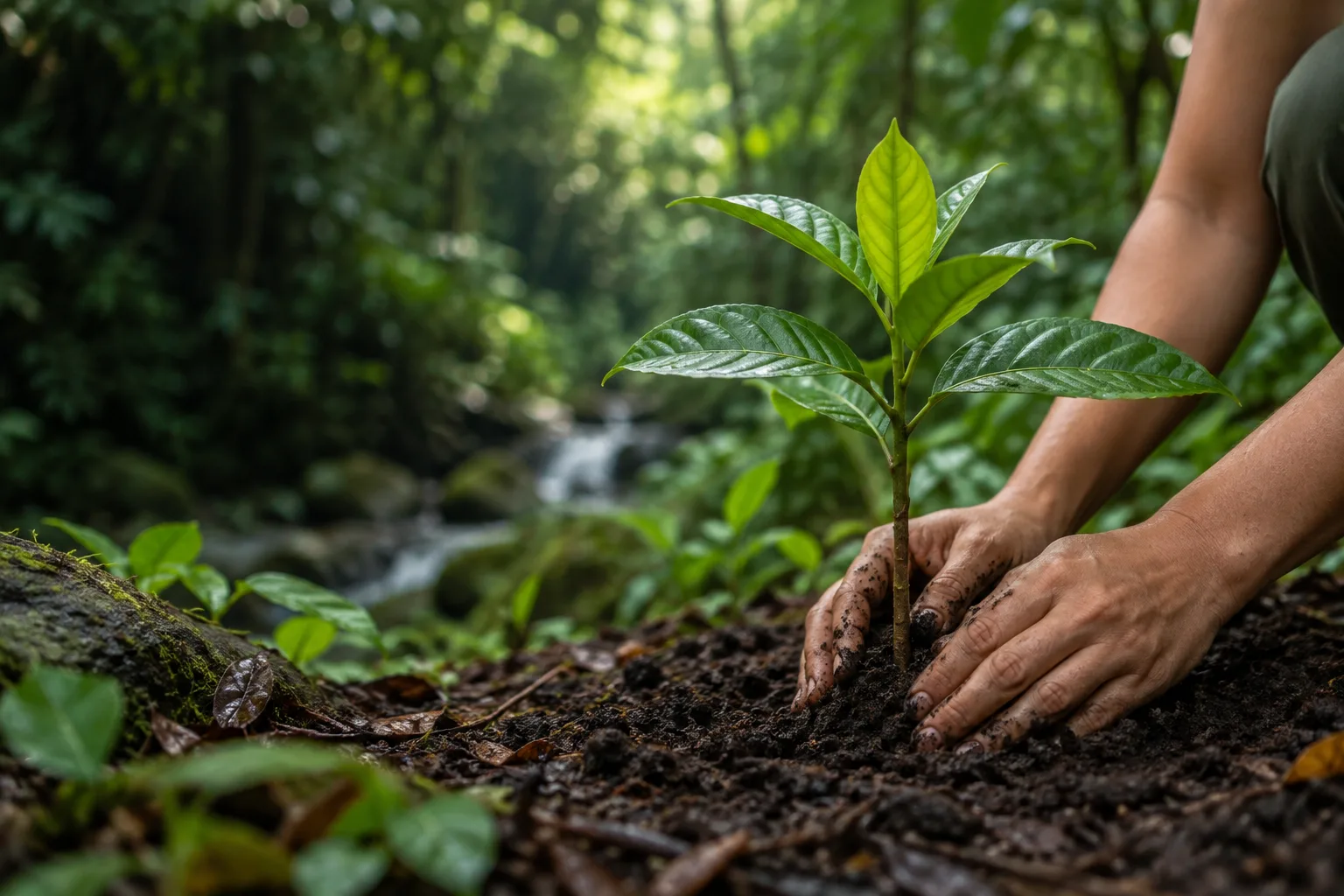 Hands planting a young native tree in dark soil, with rainforest and a stream behind