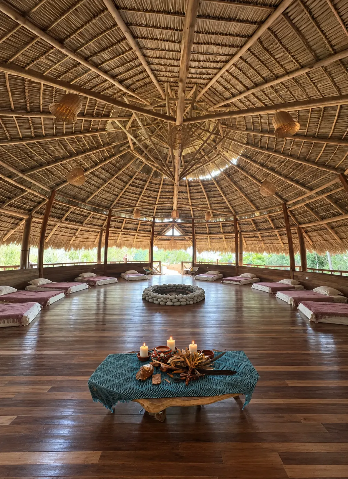 Inside the maloca, mats in a circle around the fire