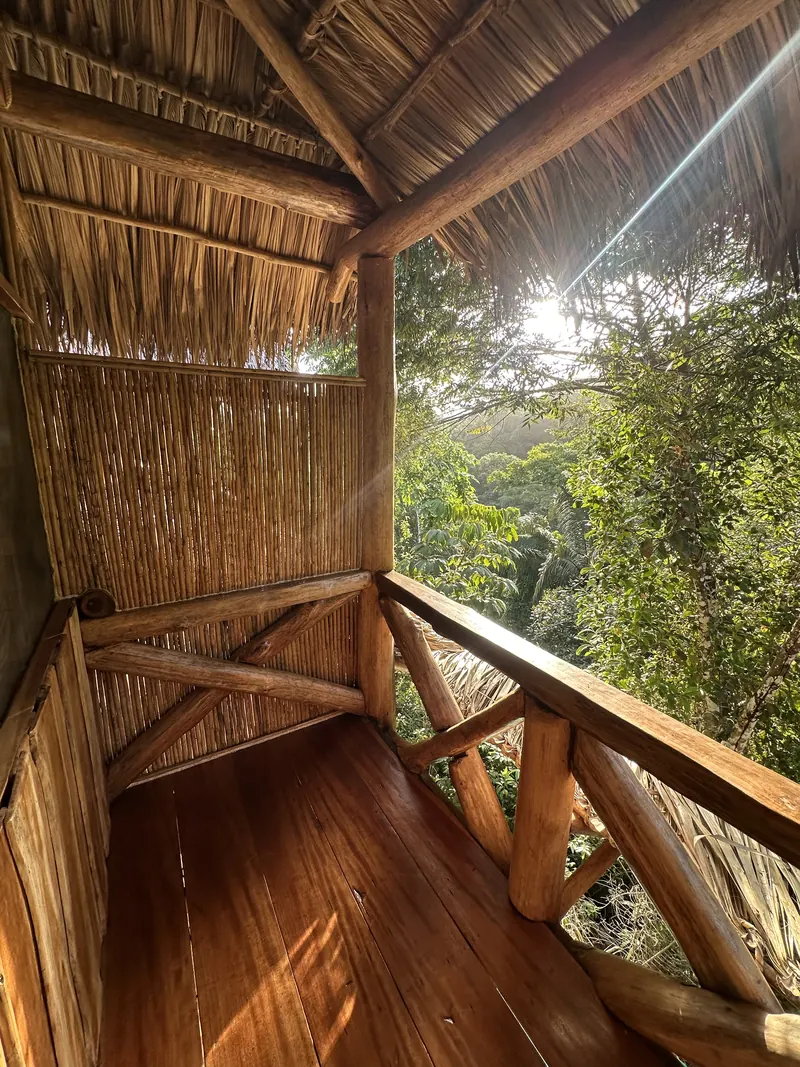 A cabin balcony looking into the jungle