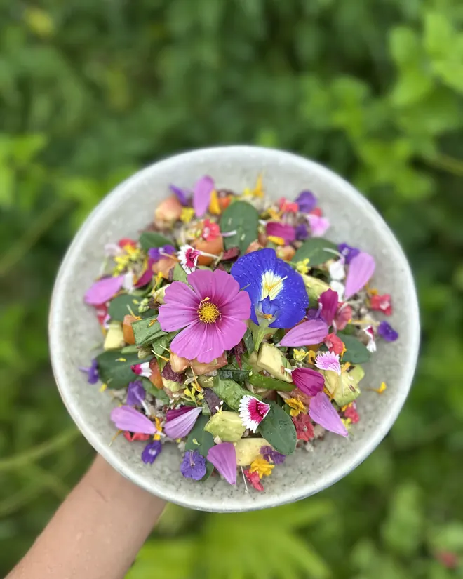 A bowl of salad and flowers from the garden