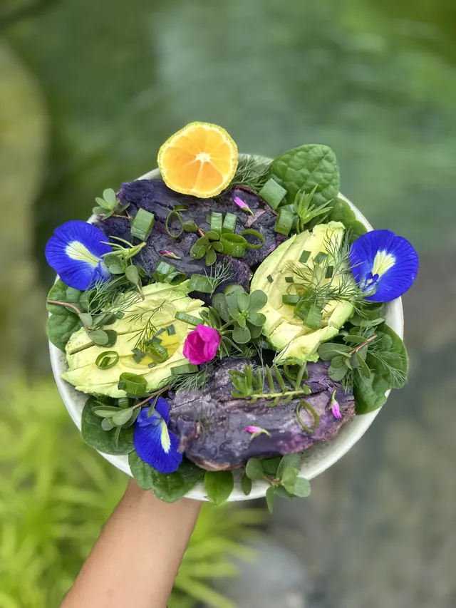 A colourful plate with avocado, purple sweet potato and flowers