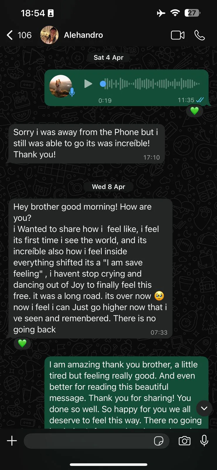 A WhatsApp message from Alejandro after his retreat