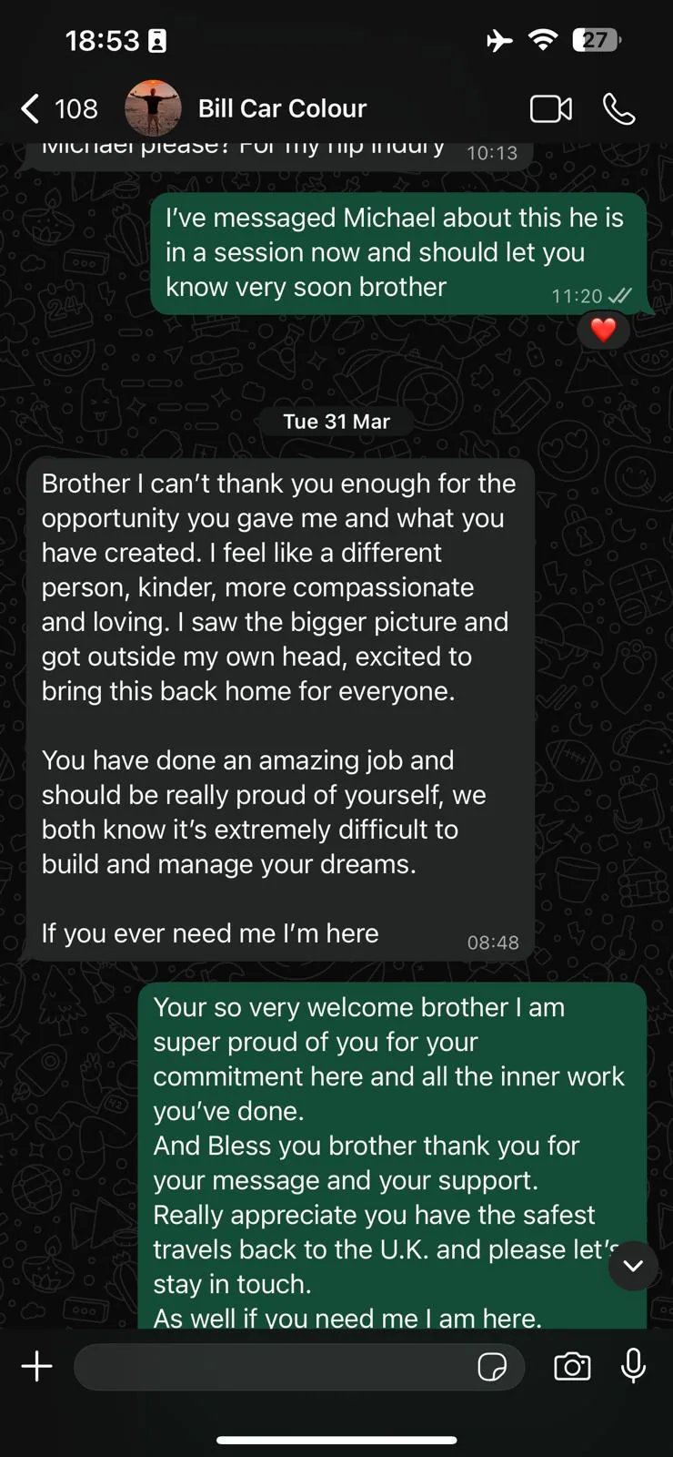 A WhatsApp message from Bill after his retreat